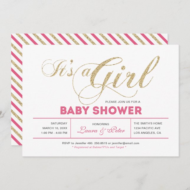 Invitación Oro y rosa | Chica, Moda Typography Baby Shower (Anverso / Reverso)