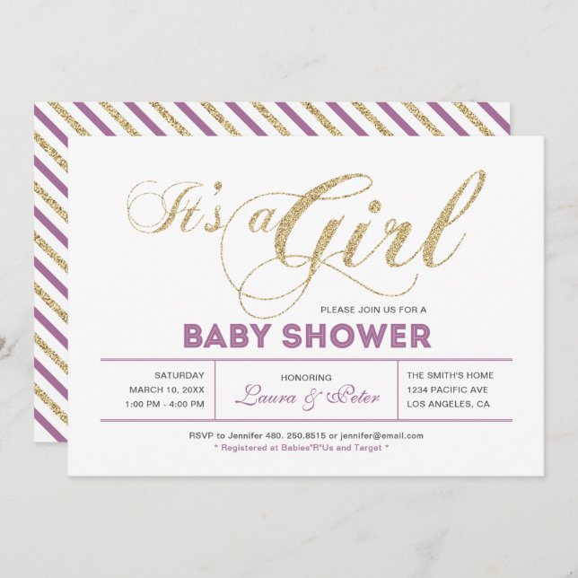 Invitación Oro y rosa | Chica, Moda Typography Baby Shower (Anverso / Reverso)