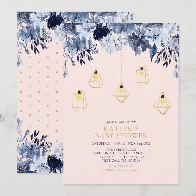 Invitación Oro y rosa | Luces Boho moda Baby Shower (Anverso / Reverso)