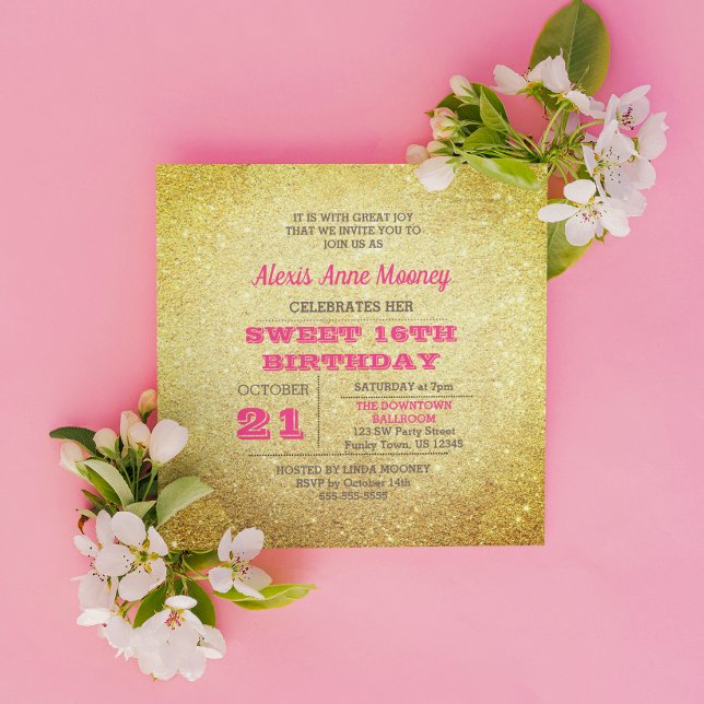 Invitación Oro y Rosa Purpurina Tourmaline Rosa Dulce 16 (Subido por el creador)