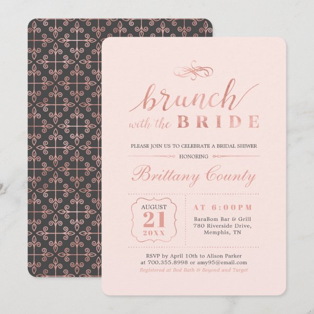 Invitación Oro y rosa Rosa | Brunch nupcial elegante (Anverso / Reverso)