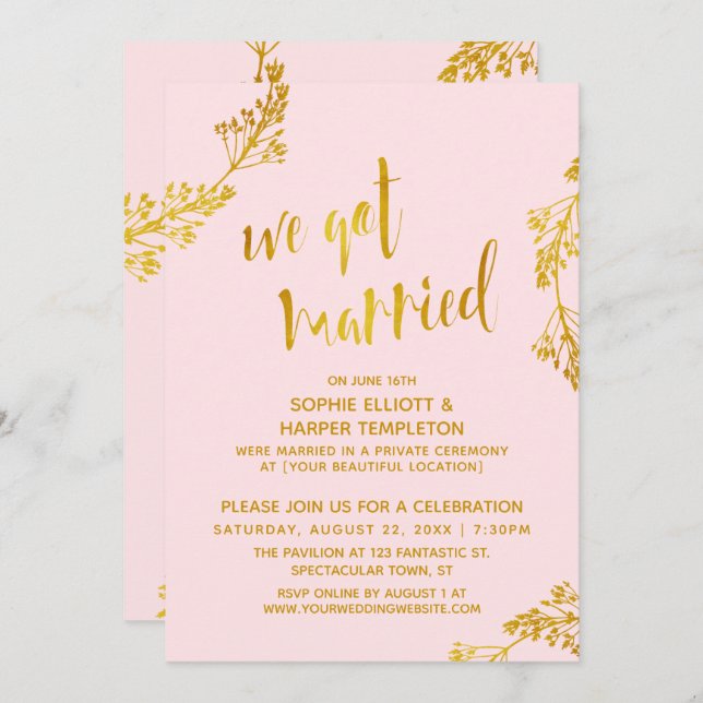 Invitación Oro y rosa tenemos la fiesta de poscasamiento casa (Anverso / Reverso)