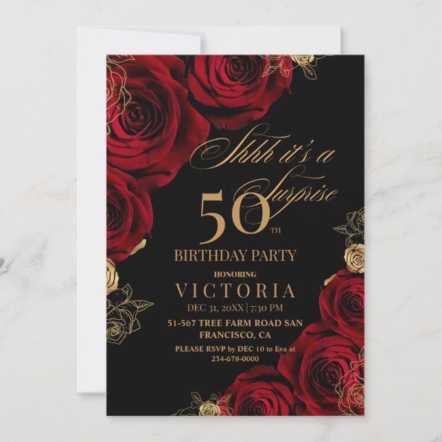 Invitación Oro y rosas rojas sorprenden a 50 años de invitaci (Anverso)