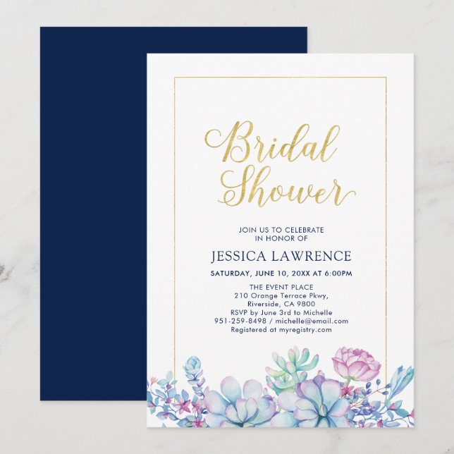 Invitación Oro y Suculentos Tropicales Ducha de boda nupcial  (Anverso / Reverso)