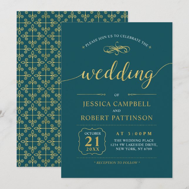 Invitación Oro y Verde azulado | Elegante ceremonia clásica d (Anverso / Reverso)