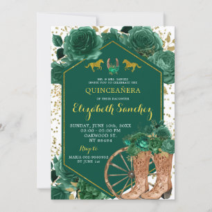 Invitación Oro y verde esmeralda Charra Quinceañera Occidenta