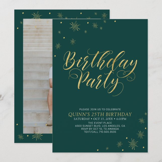 Invitación Oro y Verde | Fiesta de Cumpleaños número 25 con E (Anverso / Reverso)