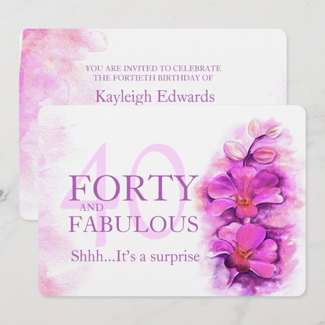 Invitación Orquídea acuarela púrpura cuarenta y fabulosa (Anverso / Reverso)