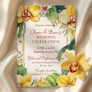 Invitación Orquídea Amarilla Tropical y Verde Wedding en Oro