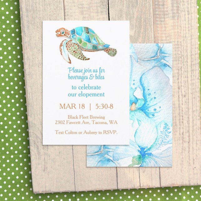 Invitación Orquídea Azul, Fiesta de recepción de tortugas mar (tropical sea turtle blue turquoise aqua watercolor orchid elopement after-party reception dinner)