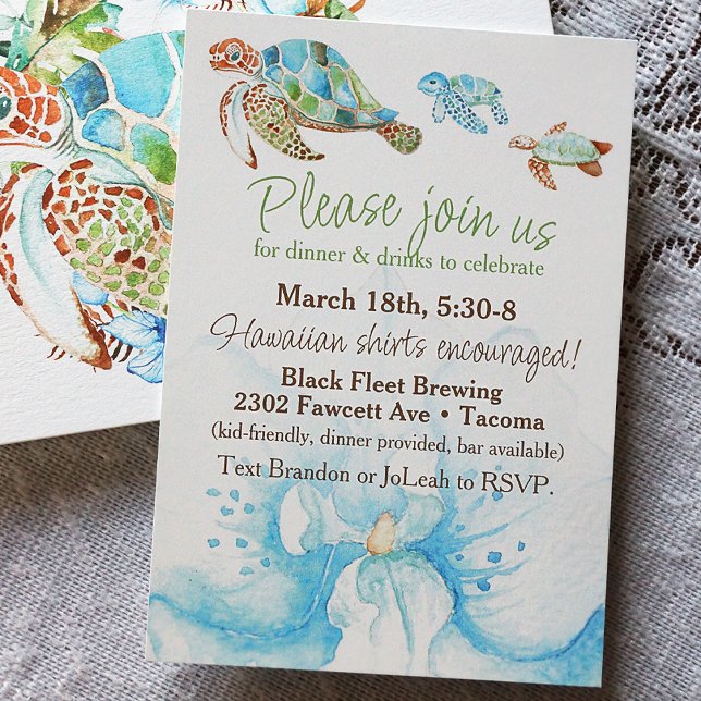 Invitación Orquídea Azul, Fiesta de recepción de tortugas mar (Watercolor Blue and Green Sea Turtle Reception Dinner Party, Beach Elopement After Party)