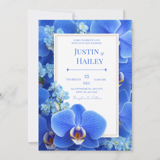 Invitación Orquídea Azul Real Boda Tropical Moderna (Anverso)