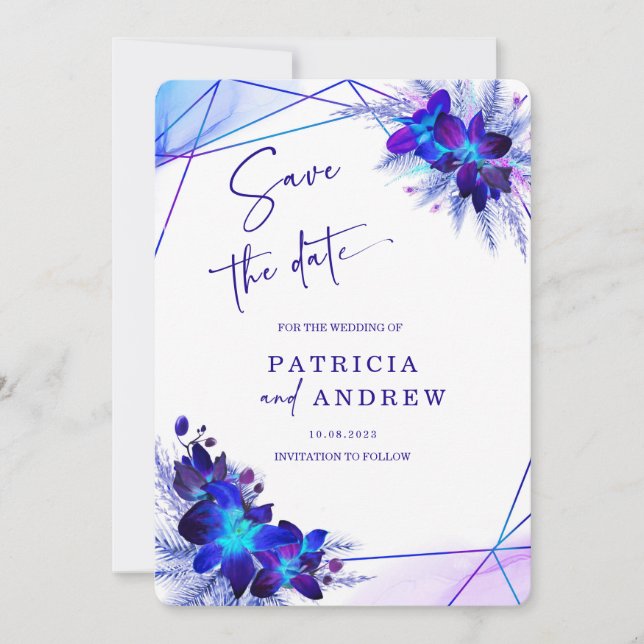 Invitación Orquídea Azul Violeta Ahorro de Fecha de Boda (Anverso)