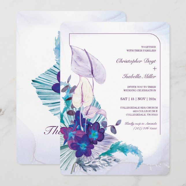 Invitación Orquídea azul y Boda de Lirio de Calla (Anverso / Reverso)