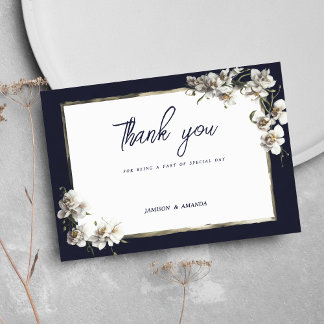 Invitación Orquídea blanca dorada azul marino de lujo Gracias