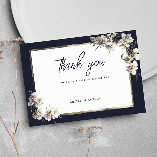 Invitación Orquídea blanca dorada azul marino de lujo Gracias (Luxury navy blue gold white orchid Thank You )