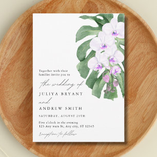 Invitación Orquídea Blanca en hoja tropical para boda con gui
