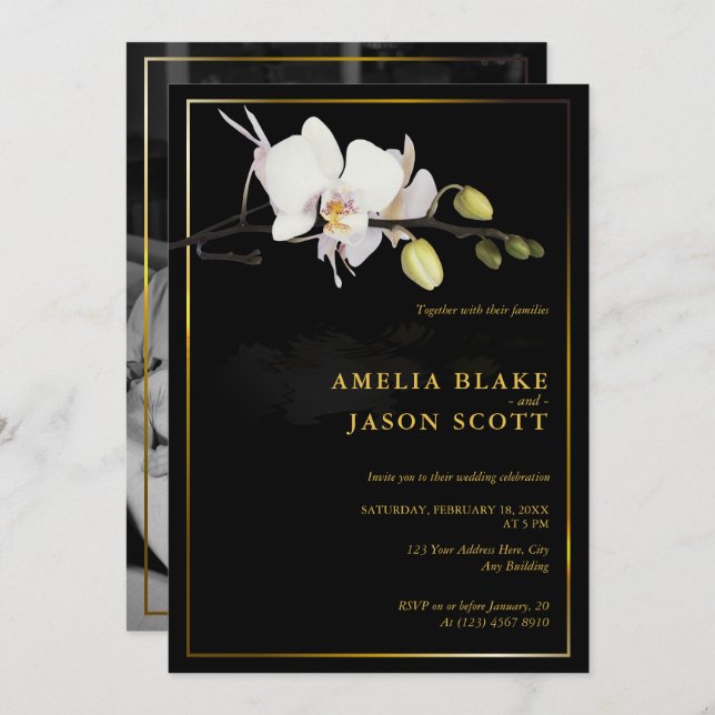 Invitación Orquídea blanca en negro | Marco dorado | Boda fot (Anverso / Reverso)