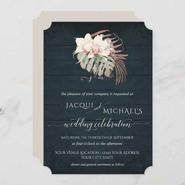 Invitación Orquídea Blanca Floral BOHO Malhumorado Azul Marin (Anverso / Reverso)