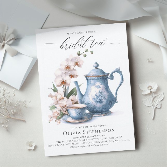 Invitación Orquídea Blanca Hampton Blue Toile Bridal Tea Show (bridal tea party white orchid elegant modern classic watercolor romantic sophisticated classy blue)