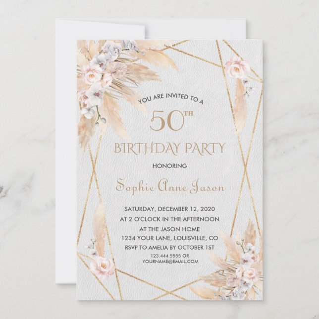 Invitación Orquídea Blanca Rosa Pampas Grass 50 cumpleaños (Anverso)