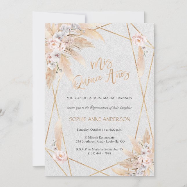 Invitación Orquídea Blanca Rosa Rosa Pampas Grasa Quinceañera (Anverso)