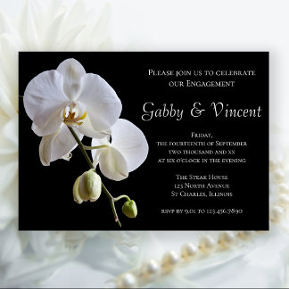 Invitación Orquídea Blanca sobre la fiesta de compromiso negr