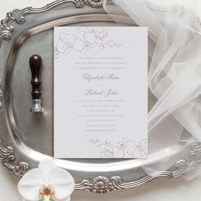 Invitación Orquídea Boda formal Faux Ivory Classic (orchid wedding invitation formal traditional classic parents ivory faux embossed art sketch luxury)