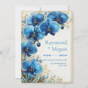 Invitación Orquídea Botánica Azul Cobalto Daurada Boda