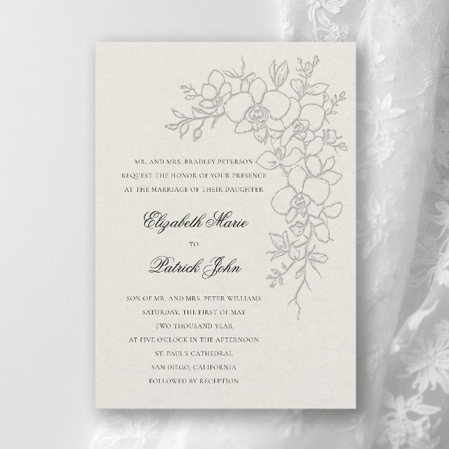 Invitación Orquídea Brillo Formal Tradicional Ecru Boda (orchid wedding invitation ecru gleam formal modern classic traditional black tie parents hosting)