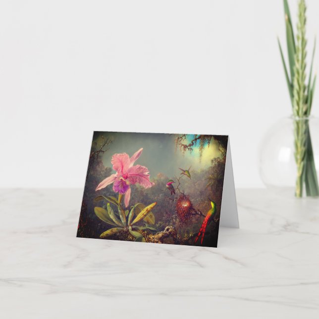 Invitación Orquídea Cattleya y tres colibríes Heade (Anverso)