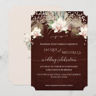 Invitación Orquídea Floral Blanca Brillante Rústica Madera de
