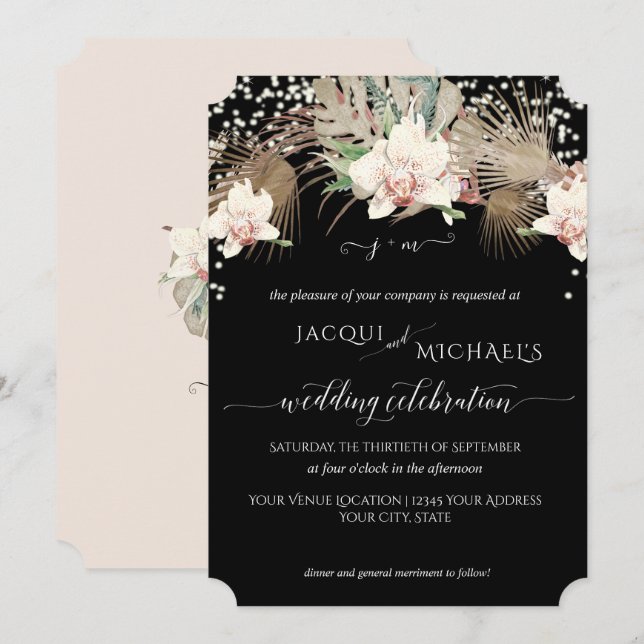 Invitación Orquídea Floral Blanca Twinkle Moderna Tropical BO (Anverso / Reverso)