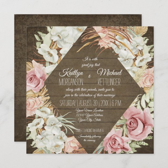 Invitación Orquídea Floral Pampas Palm Leaf Foliage Rústica M (Anverso / Reverso)