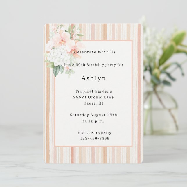 Invitación Orquídea Floral Rayas de Melocotón Cumpleaños   (Anverso de pie)