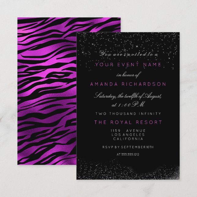 Invitación Orquídea Fuchsia Tigre Cumpleaños Blanco Negro Bri (Anverso / Reverso)