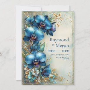 Invitación Orquídea Índigo Dorado Polvo de Estrellas Boda