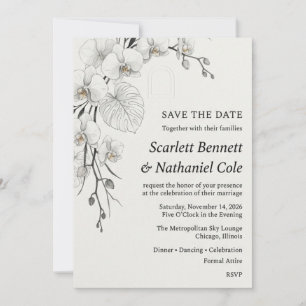Invitación Orquídea monocroma, hoja de Monstera, motivo de ar