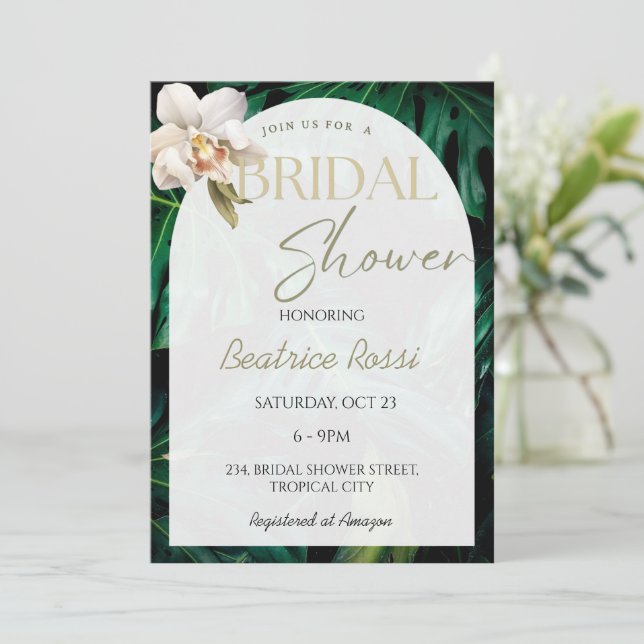 Invitación Orquídea Monstera Tropical Bridal (Anverso de pie)