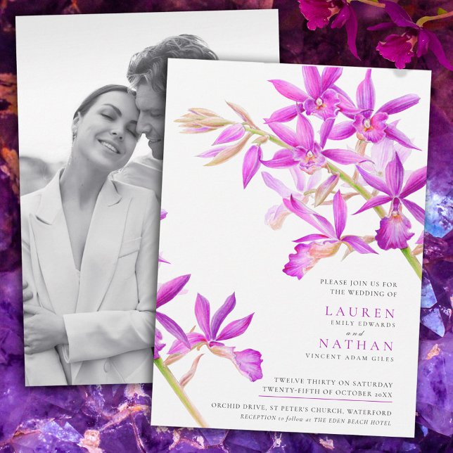 Invitación Orquídea morada acuarela boda botánico foto (Subido por el creador)
