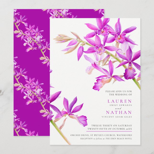 Invitación Orquídea morada acuarela boda botánico moderno (Anverso / Reverso)
