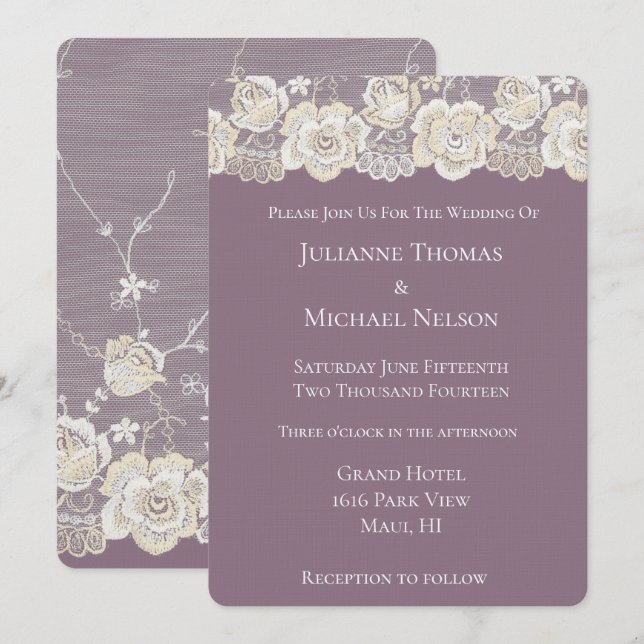 Invitación Orquídea Morado Boda Romántico Floral de encaje bl (Anverso / Reverso)