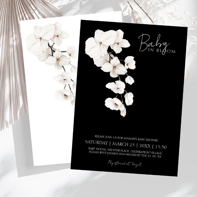 Invitación Orquídea Negra Blanca Moderna Bebé en Flor (Baby in Bloom! Modern Black and White Orchids Flowers Baby Shower Invitation)