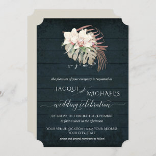 Invitación Orquídea Orquídea Blanca BOHO Moody Naval Azul Tro