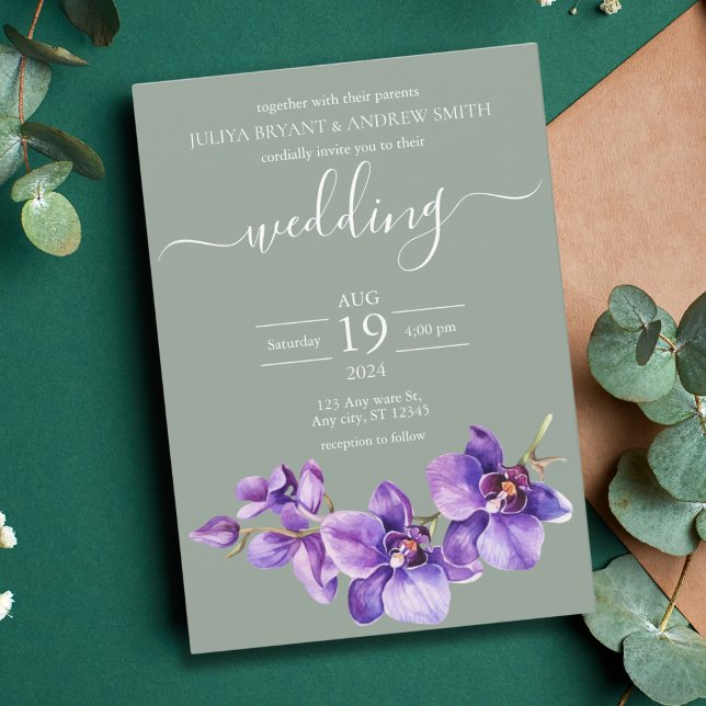 Invitación Orquídea púrpura en el mar boda de guión verde (Subido por el creador)