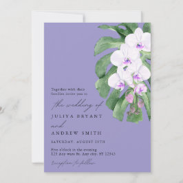 Invitación Orquídea púrpura en hoja tropical escritura boda