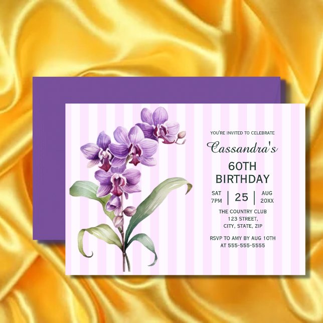 Invitación Orquídea Púrpura Moderna Tiras Floral 60 cumpleaño (Subido por el creador)