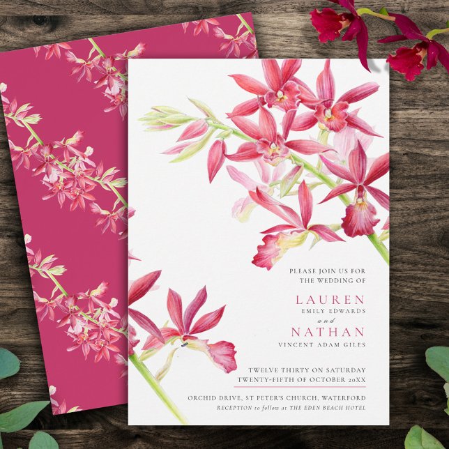Invitación Orquídea roja acuarela boda botánico moderno (Subido por el creador)