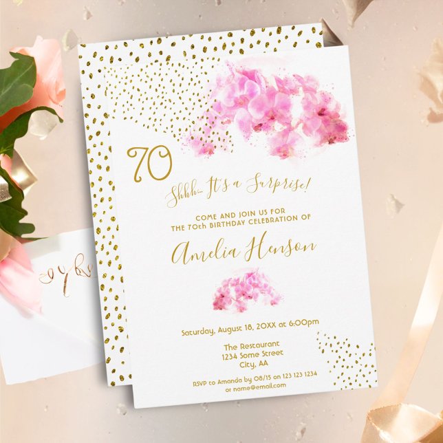 Invitación Orquídea Rosa Acuarela Dorada Purpurina 70 cumplea (Subido por el creador)