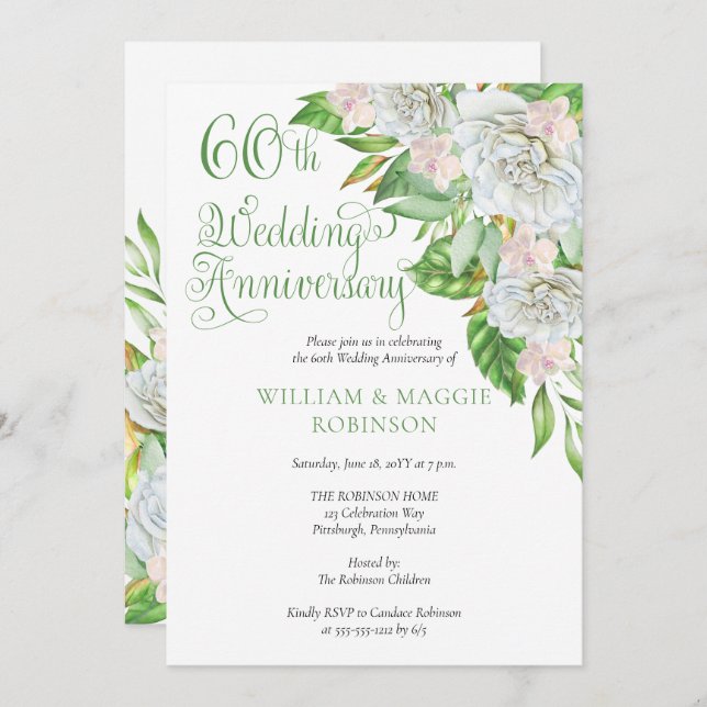 Invitación Orquídea Rosa Blanca Fiesta de 60 años Boda (Anverso / Reverso)
